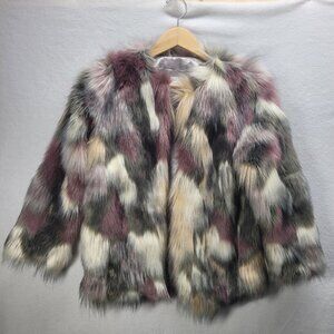 Donna Salyers Fabulous Furs Coat Hook Closure Faux Fur Lilac Mauve Beige Gray L